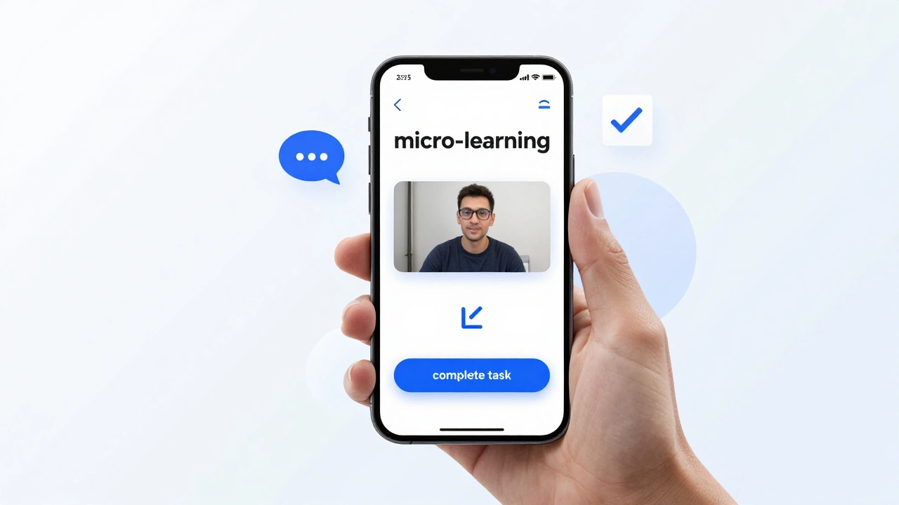 A hand holding a smartphone displaying a clean, simple micro-learning interface.