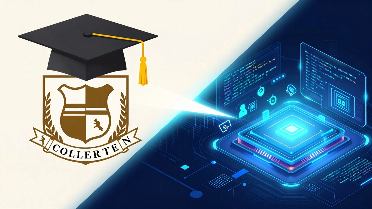 A split composition showing a traditional academic cap and a modern holographic coding interface.