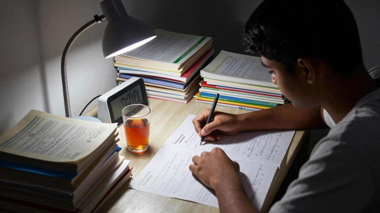 A student's desk cluttered with textbooks and notes under a desk lamp late at night.