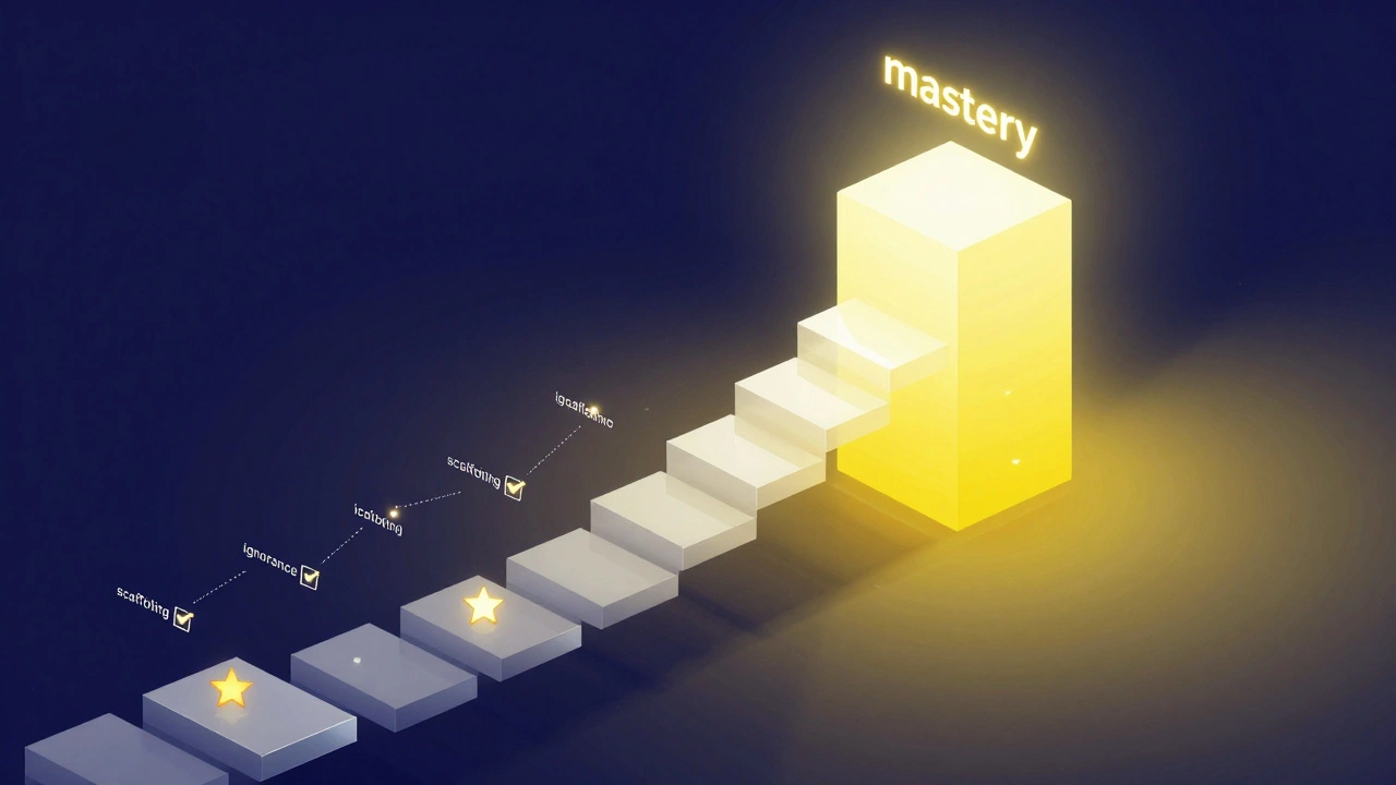 An isometric 3D path ascending from darkness to a glowing peak of mastery with milestones.
