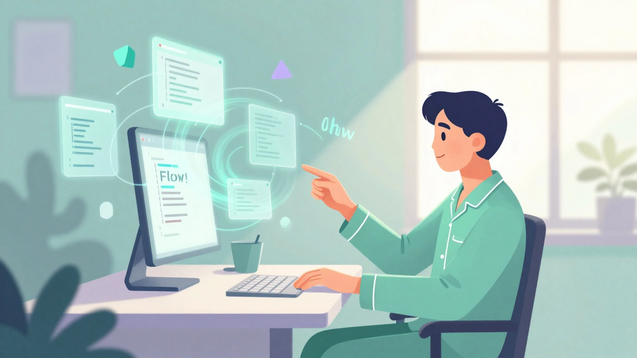 Calm developer in a home office surrounded by floating holographic code symbols.