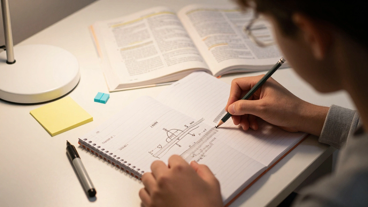 Close-up of a student drawing a neat diagram in a notebook under a warm desk lamp