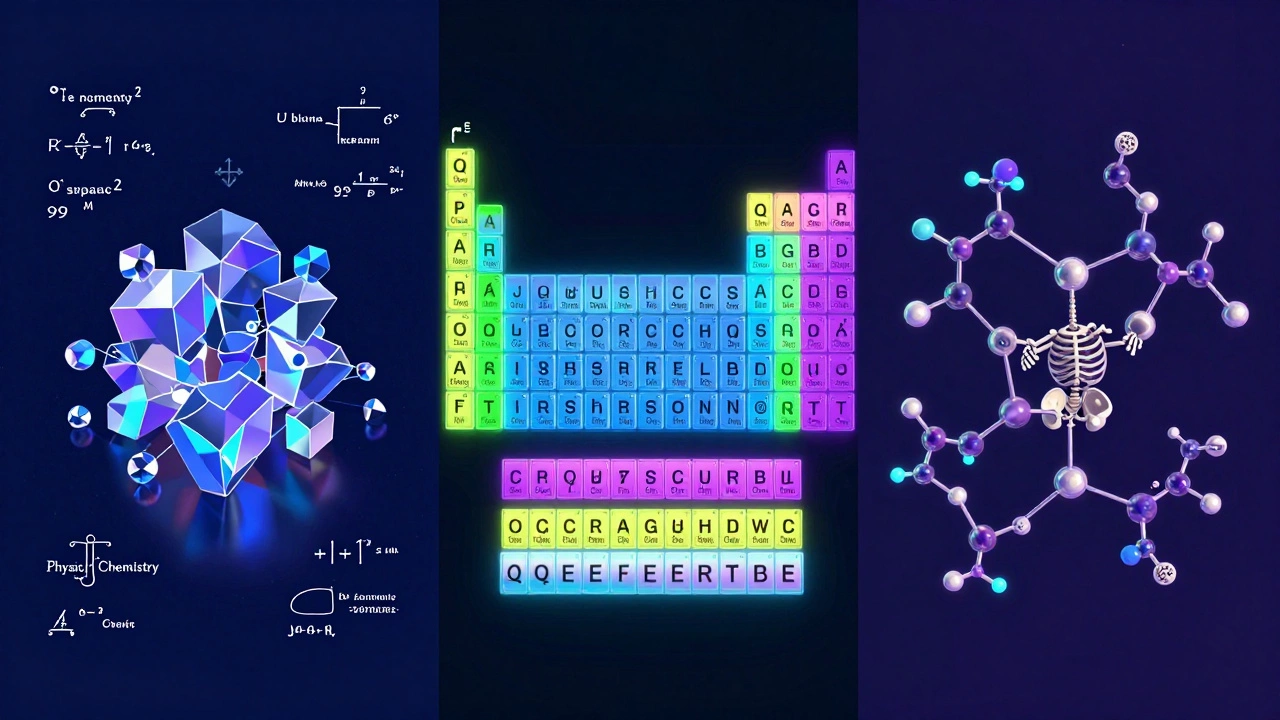 Conceptual art showing the different branches of chemistry: physical, inorganic, and organic.
