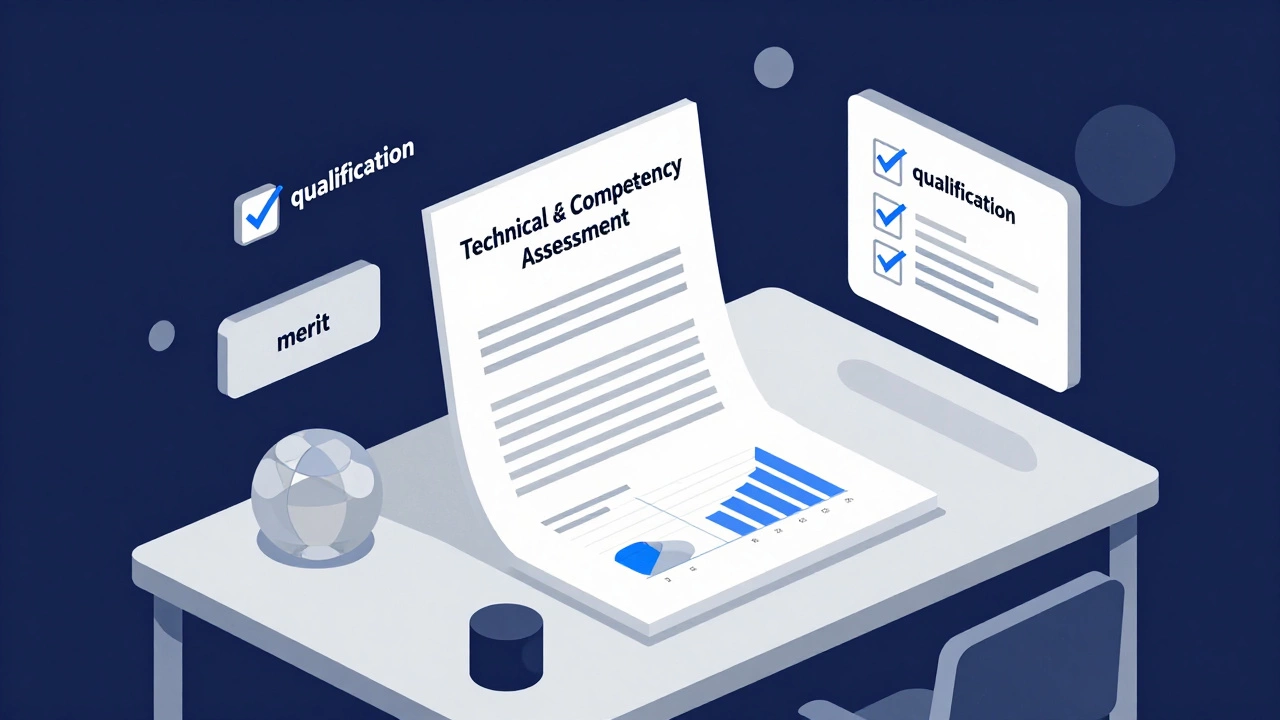 Isometric concept of a technical job assessment with data and checkmarks.