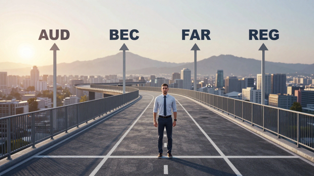 Accountant standing at start of a long track representing CPA exam sections