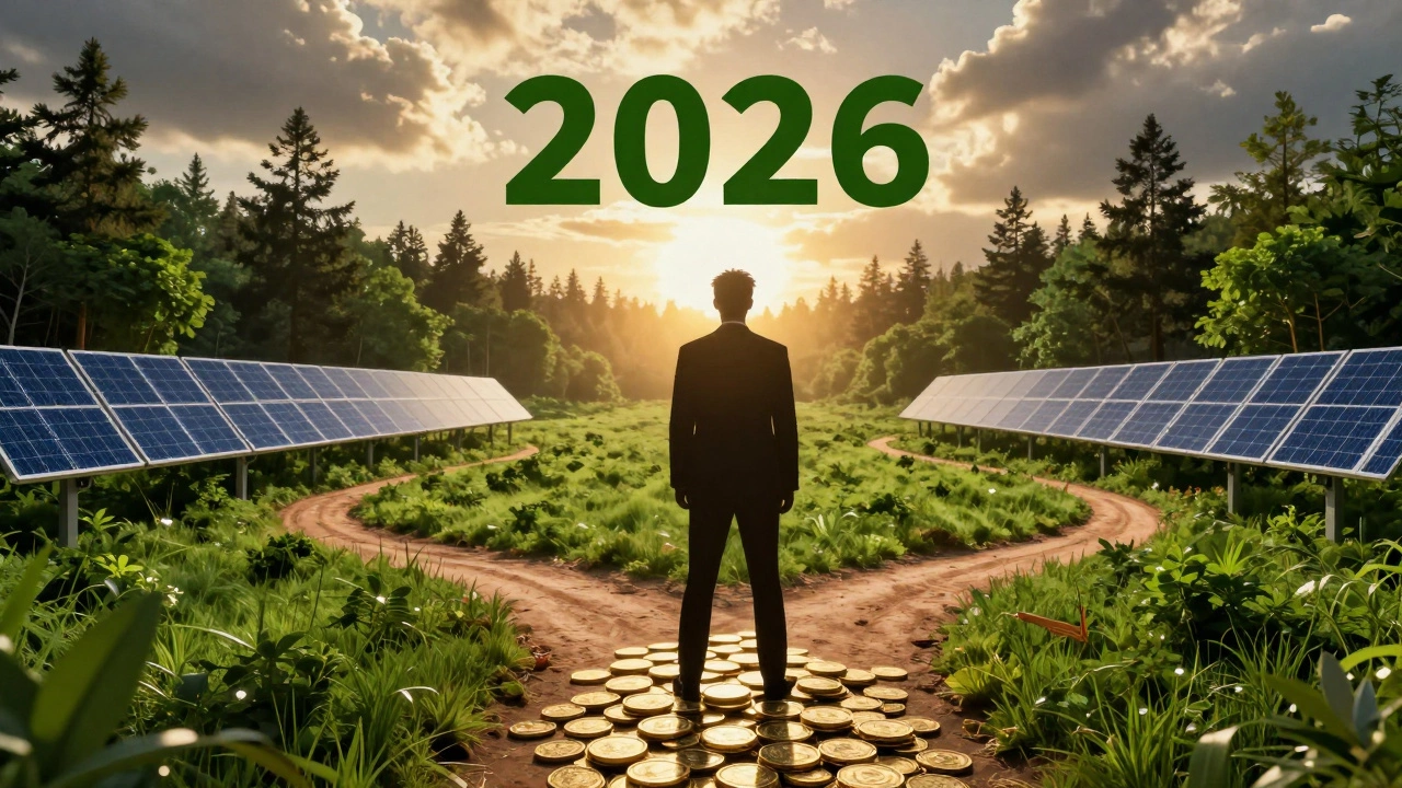 Business leader at a crossroads merging finance symbols with green energy