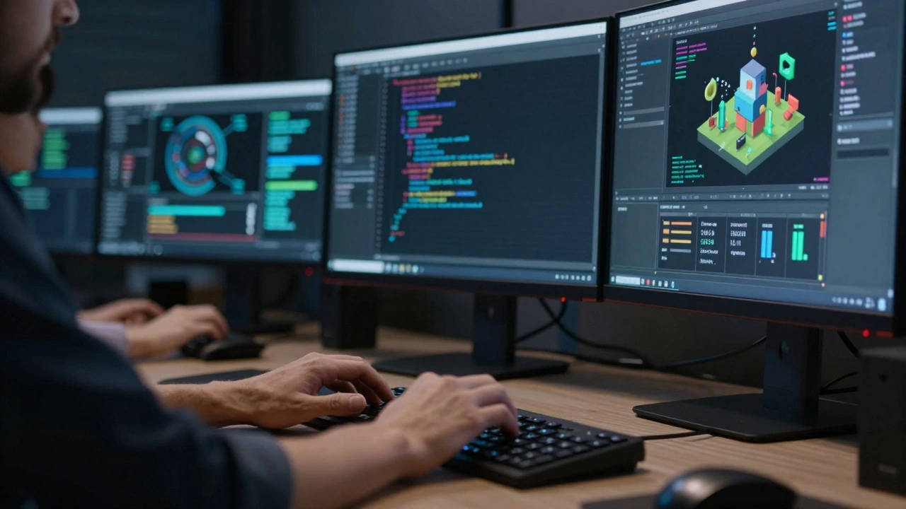 Close-up of a data scientist analyzing code and graphs on a computer screen in a dark office.
