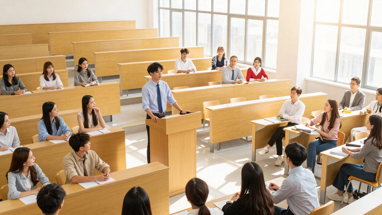 Confident student presenting to a diverse class in a sunlit lecture hall.