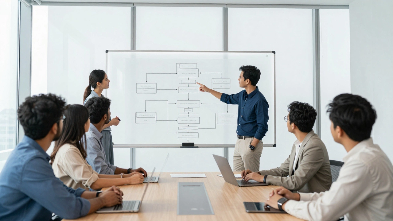 Diverse team collaborating on strategy in a sleek tech company meeting room