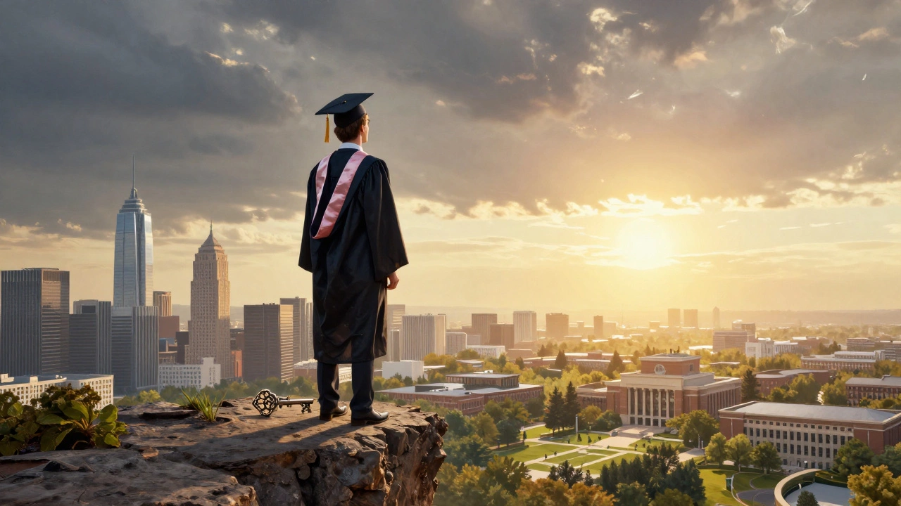 Graduate holding a key overlooking a city skyline at sunrise