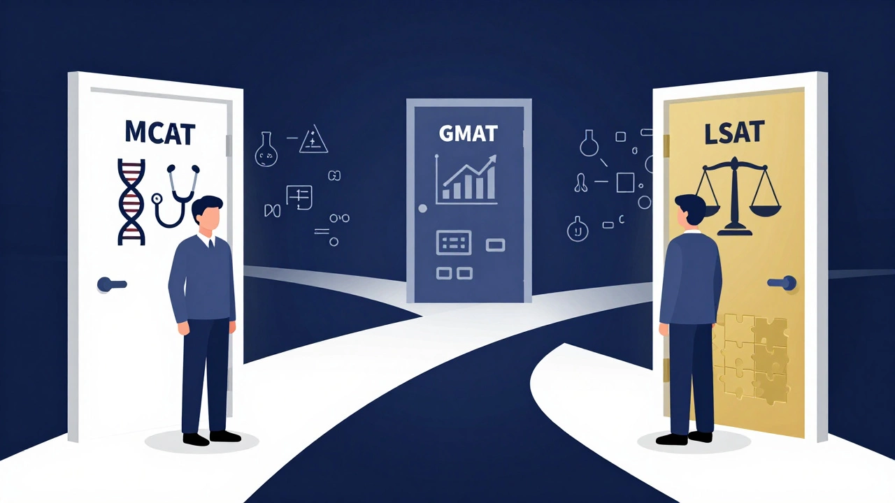 Illustration of different paths for medical, law, and business grad exams
