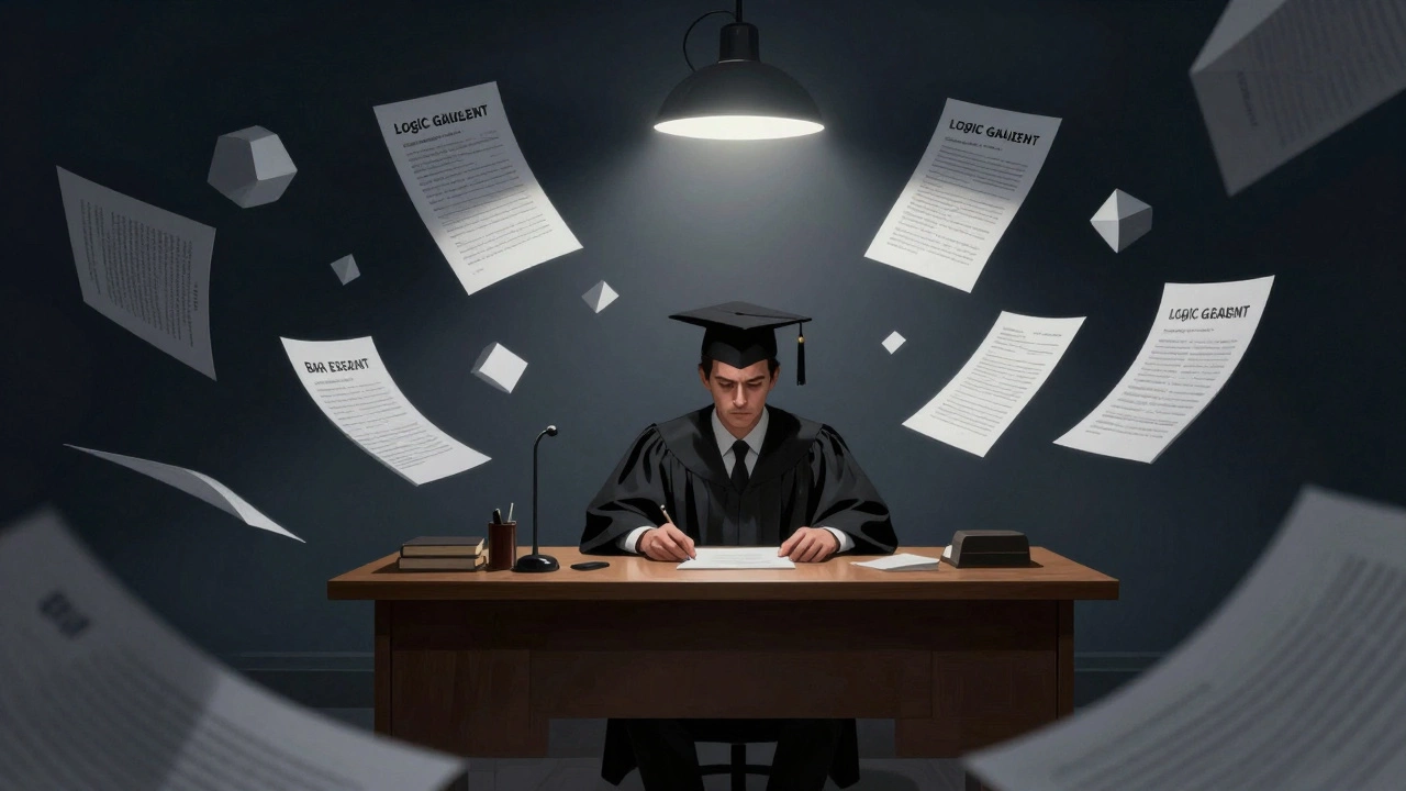 Law graduate analyzing complex legal concepts under bright desk lamp