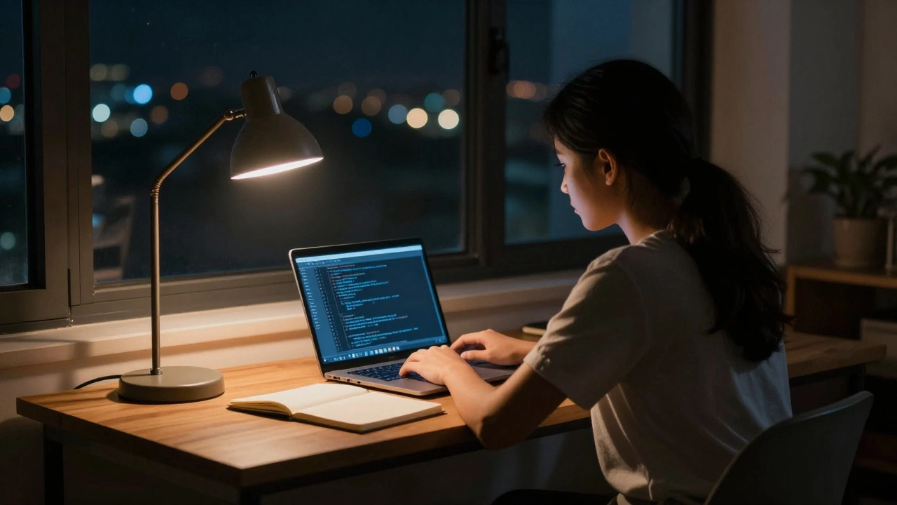 Learner coding at a desk at night with city lights in the background