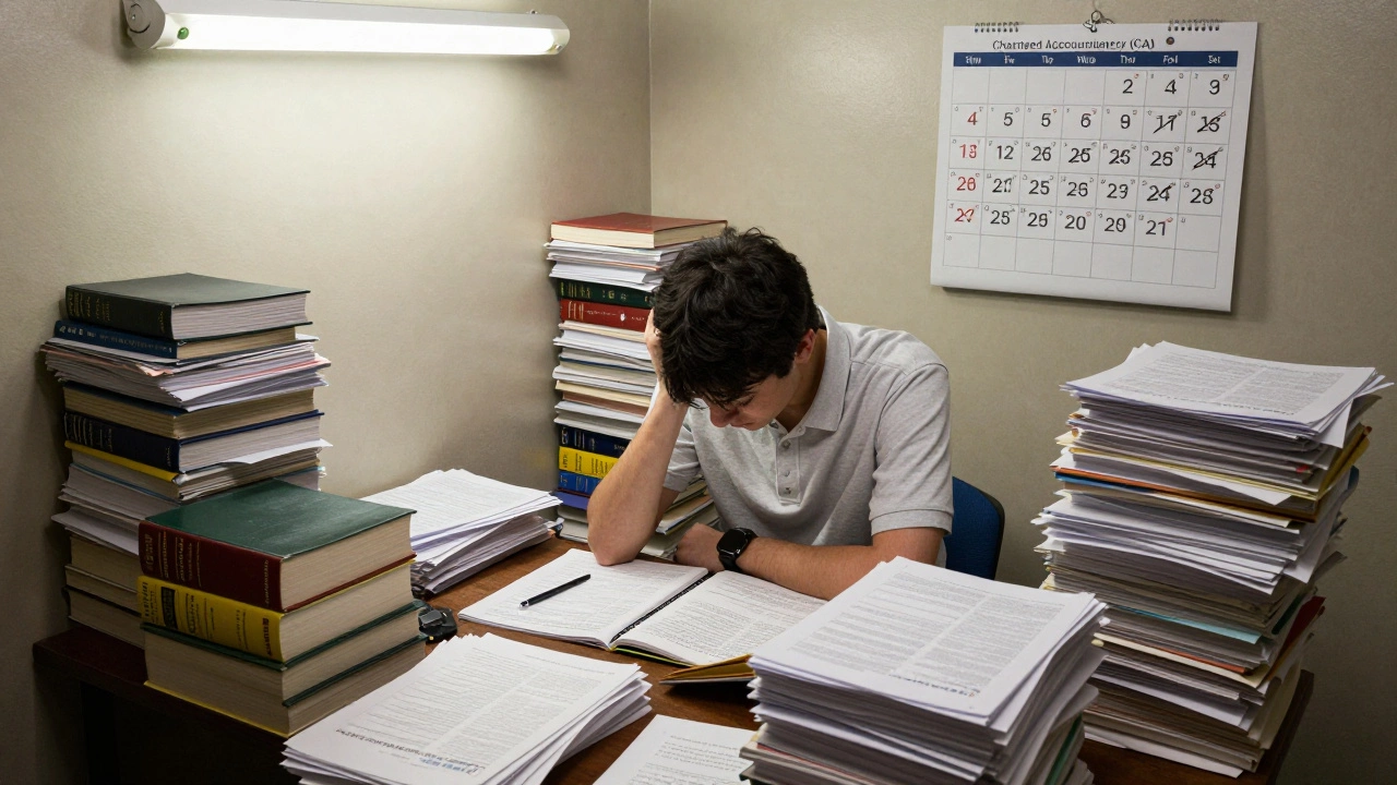 Lonely CA student surrounded by piles of accounting books and papers