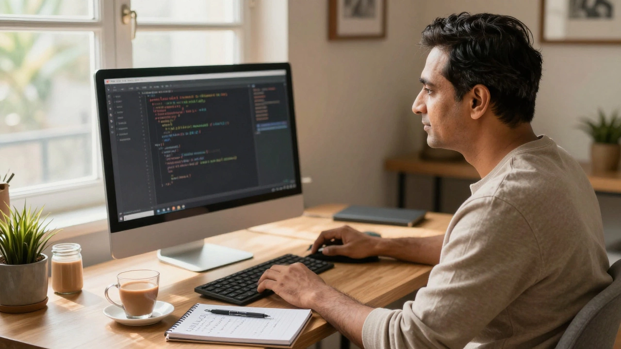 Mature professional learning to code at home with sunlight streaming through the window.