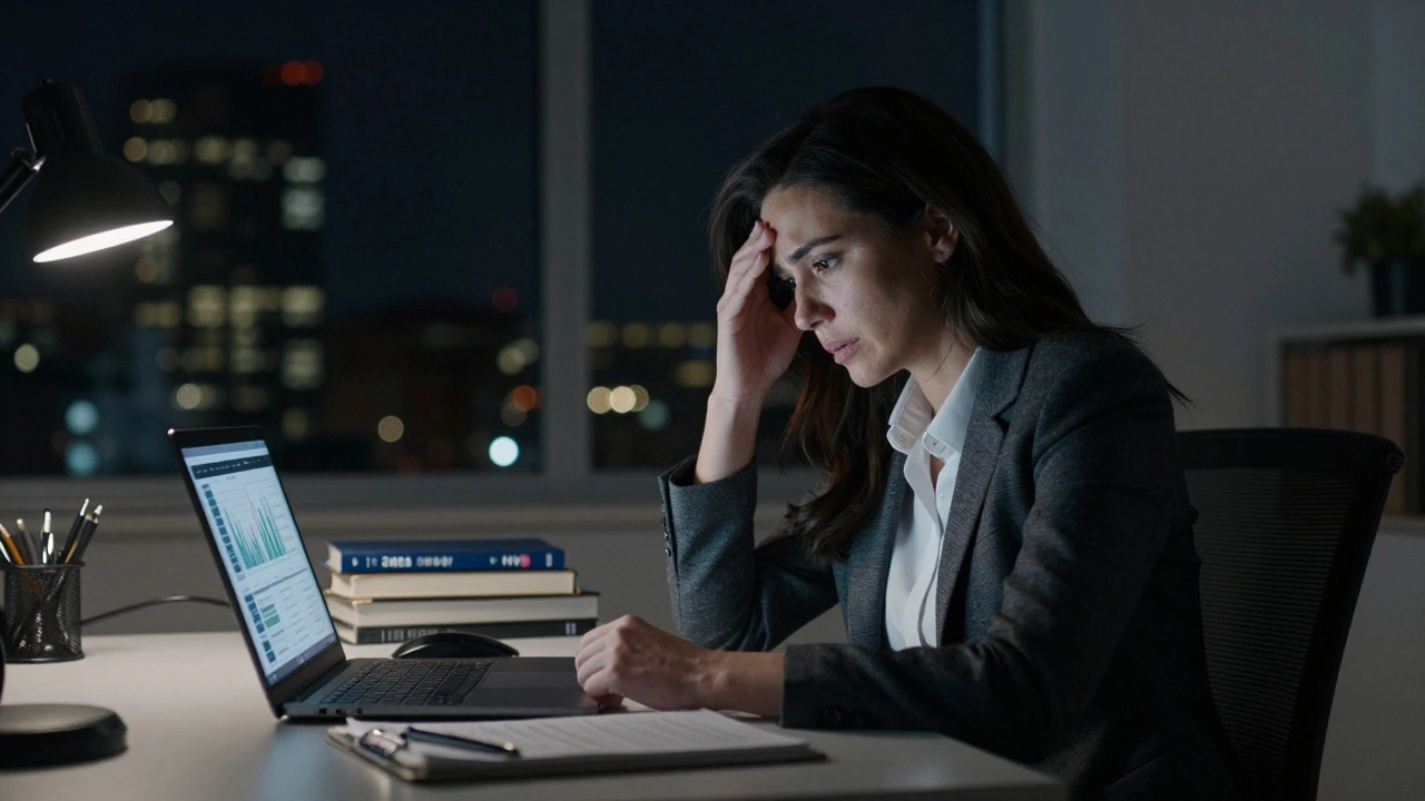 Professional woman balancing work and studies at a home desk late at night.