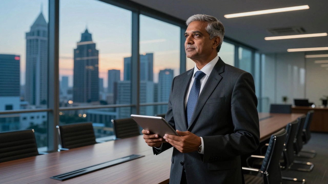 Senior Indian executive in a modern boardroom overlooking a city skyline