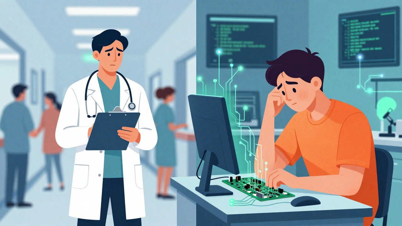 Split view of stressed medical student in hospital and engineer in lab