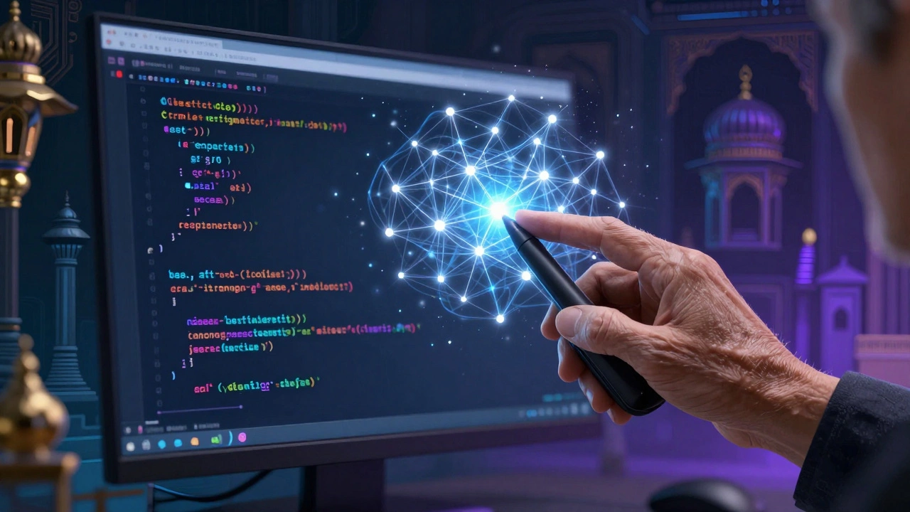 Abstract art showing human wisdom guiding AI in software development.