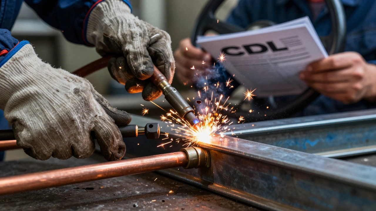 Close-up of hands performing HVAC, welding, and driving training tasks in a workshop
