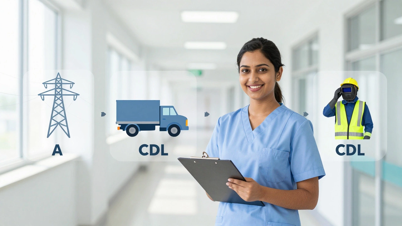 Confident phlebotomist in a clinic with overlays of other quick-certification trades