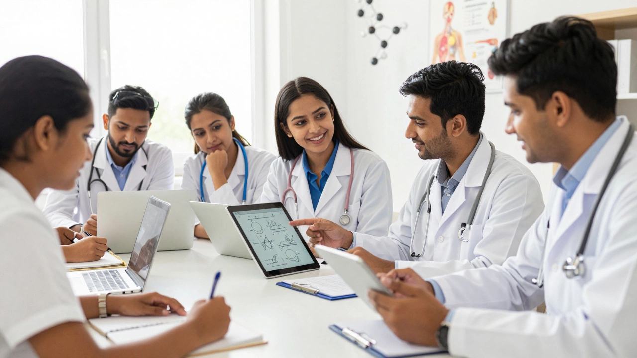 Group of Indian medical aspirants collaborating with tablets