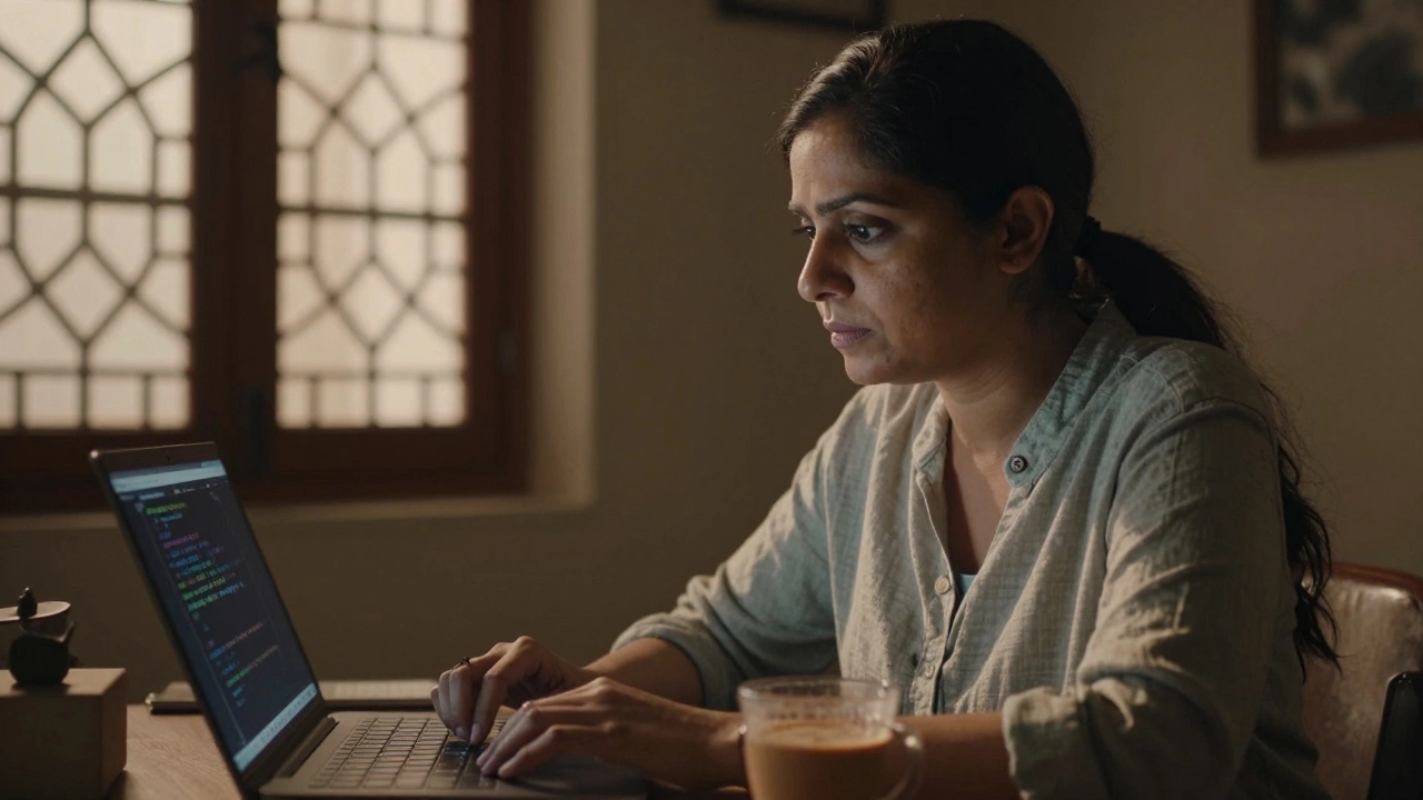 Mature woman learning to code at home with a laptop and cup of tea.