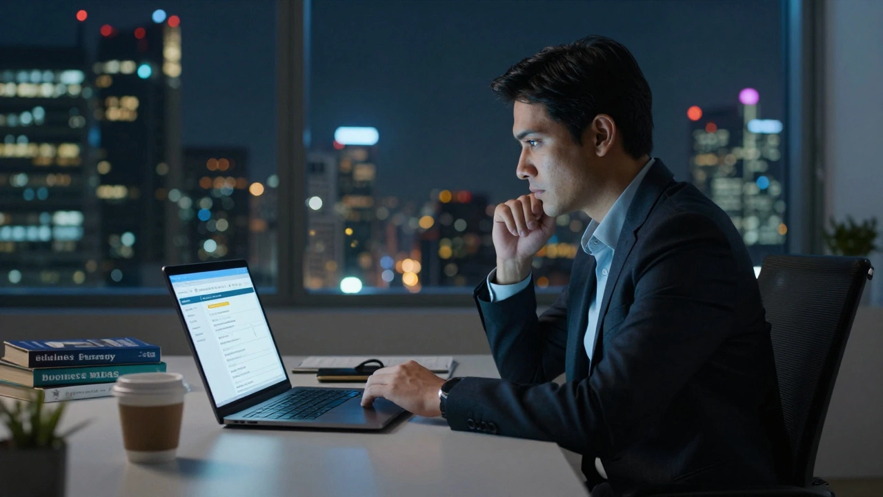 Professional studying online late at night in a modern office with city views