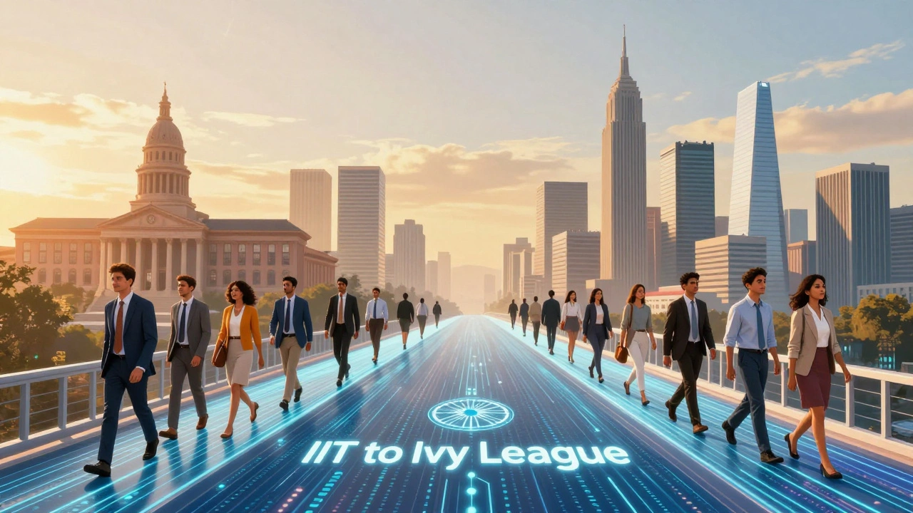 Professionals crossing a digital bridge from India to US