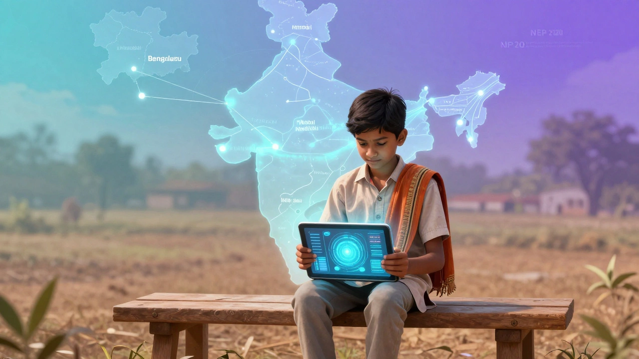 Rural student using tablet for digital CBSE learning in India