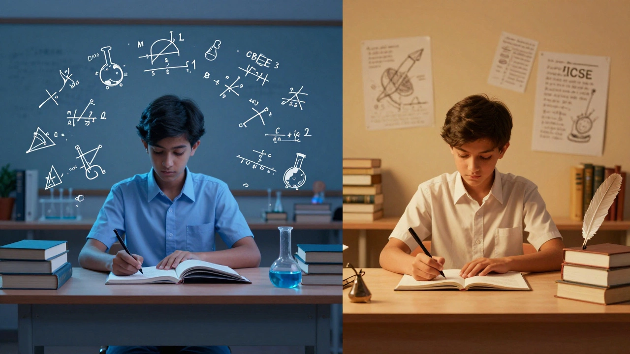 Split image contrasting science-focused CBSE vs literature-focused ICSE
