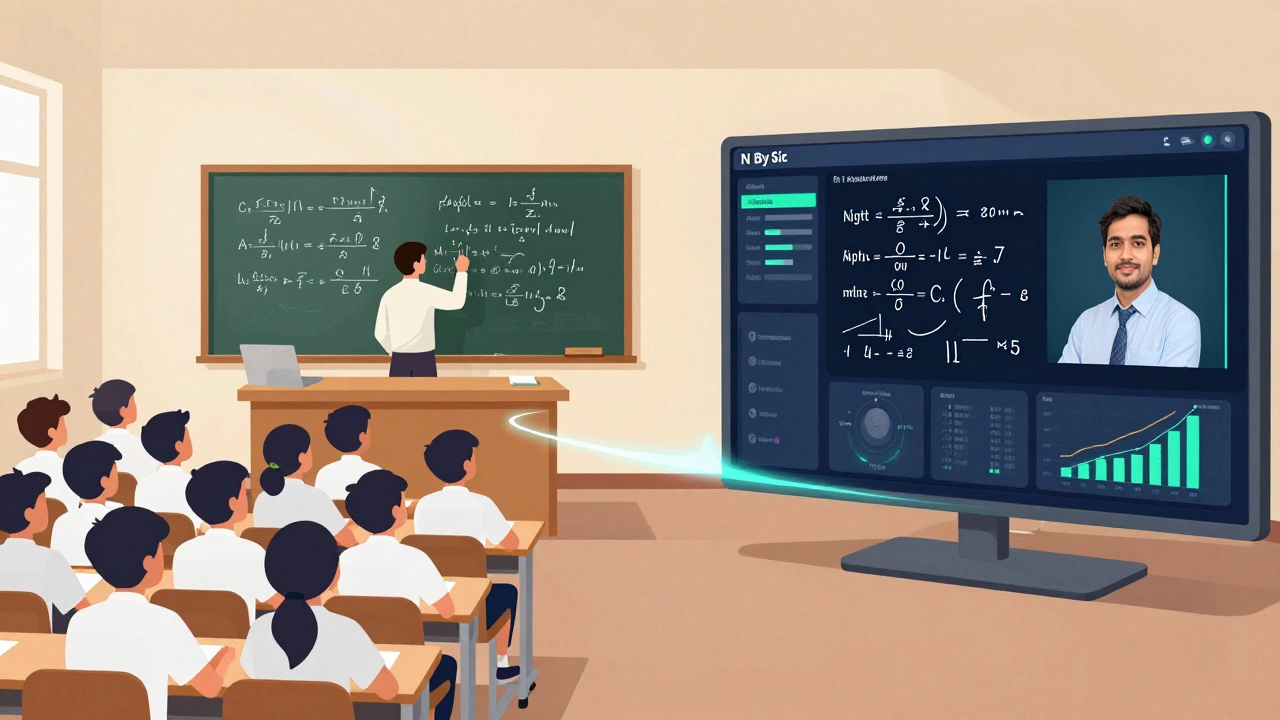 Split view comparing traditional classroom vs digital ed-tech platform