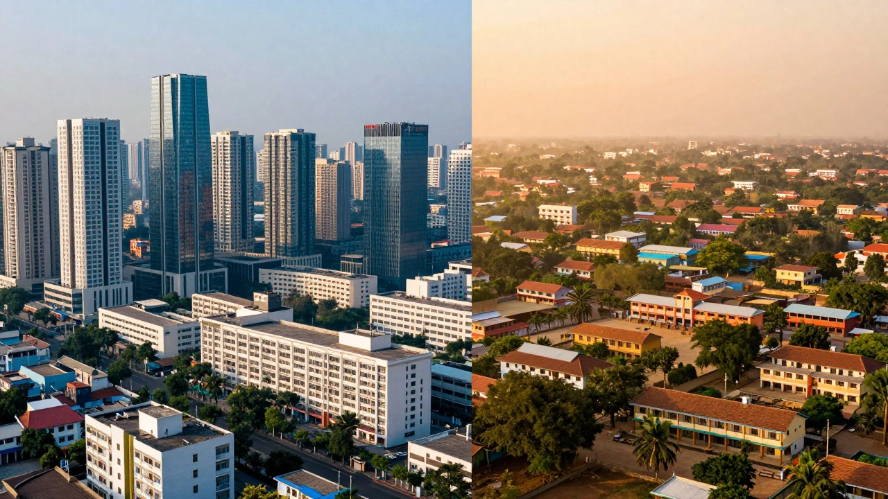 Split view contrasting Delhi's dense schools with UP's widespread volume