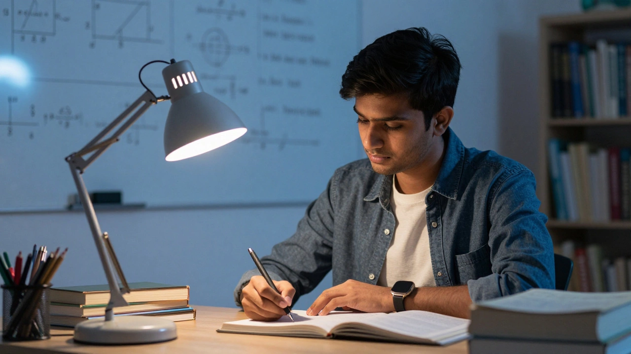 Student studying intensely for engineering exams with books and notes