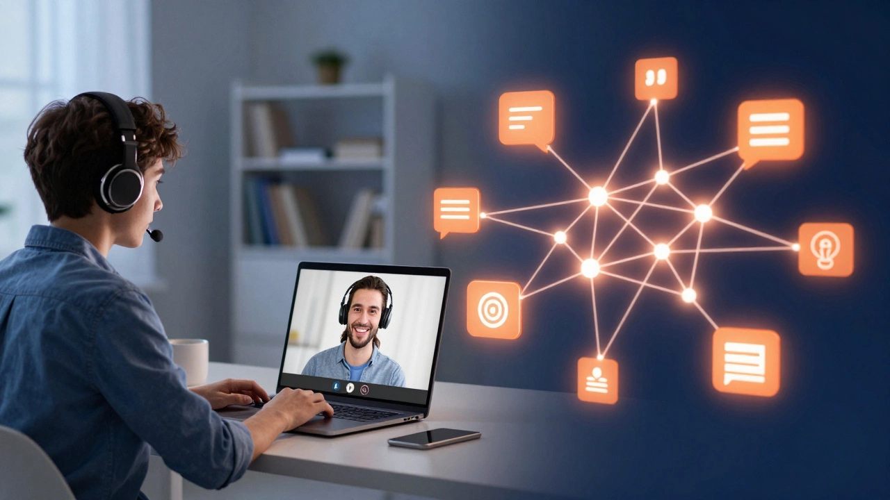 Student taking an online English lesson via video call