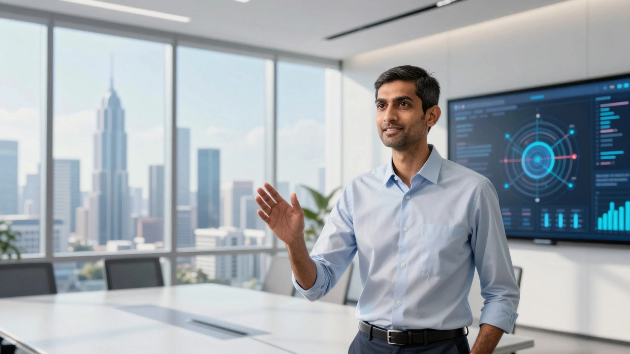 Tech CEO leading a meeting in a modern office