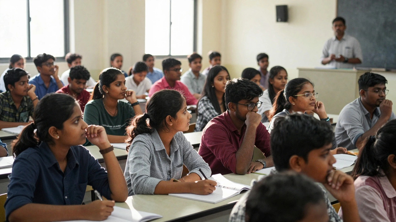 Engaged students interacting with a professor in a lively university lecture hall