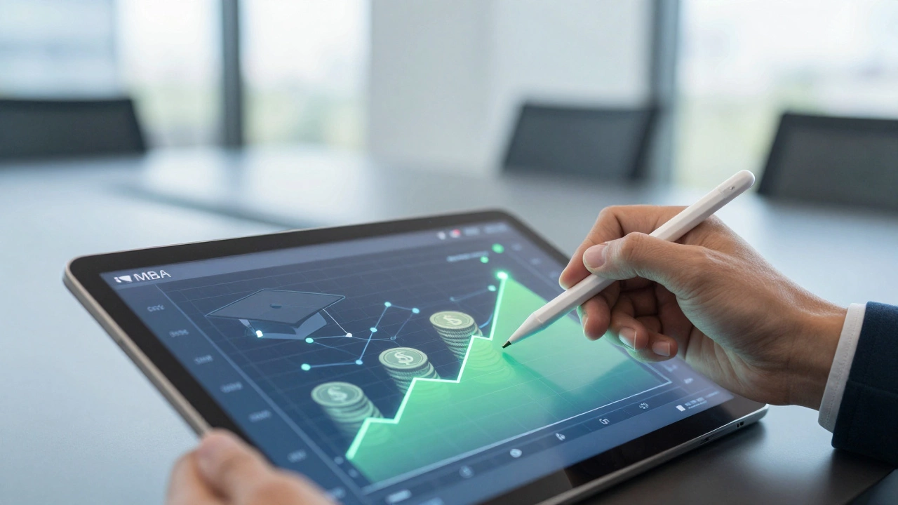 Hand using tablet to calculate MBA ROI with rising financial graph