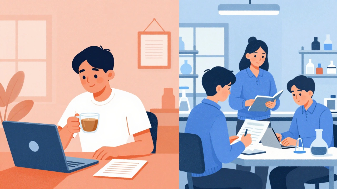 Illustration blending online study at home with collaborative physical classroom learning
