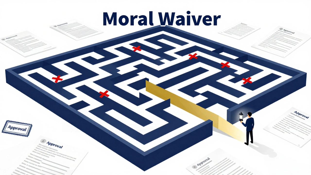 Illustration of moral waiver process as a document maze