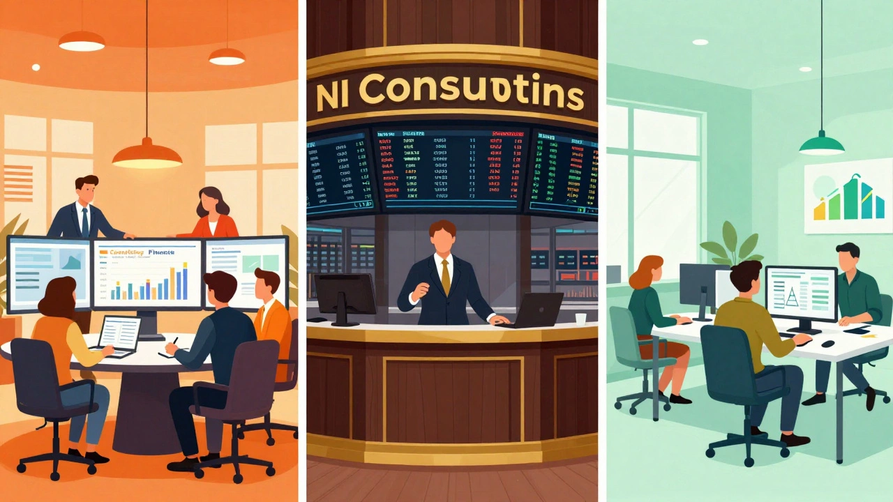 Split view of consulting, finance, and tech office environments for MBA grads