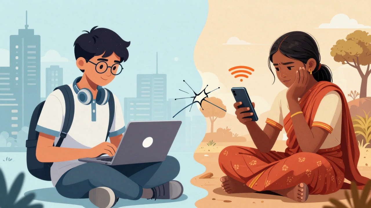 Split view showing urban vs rural digital divide in online education