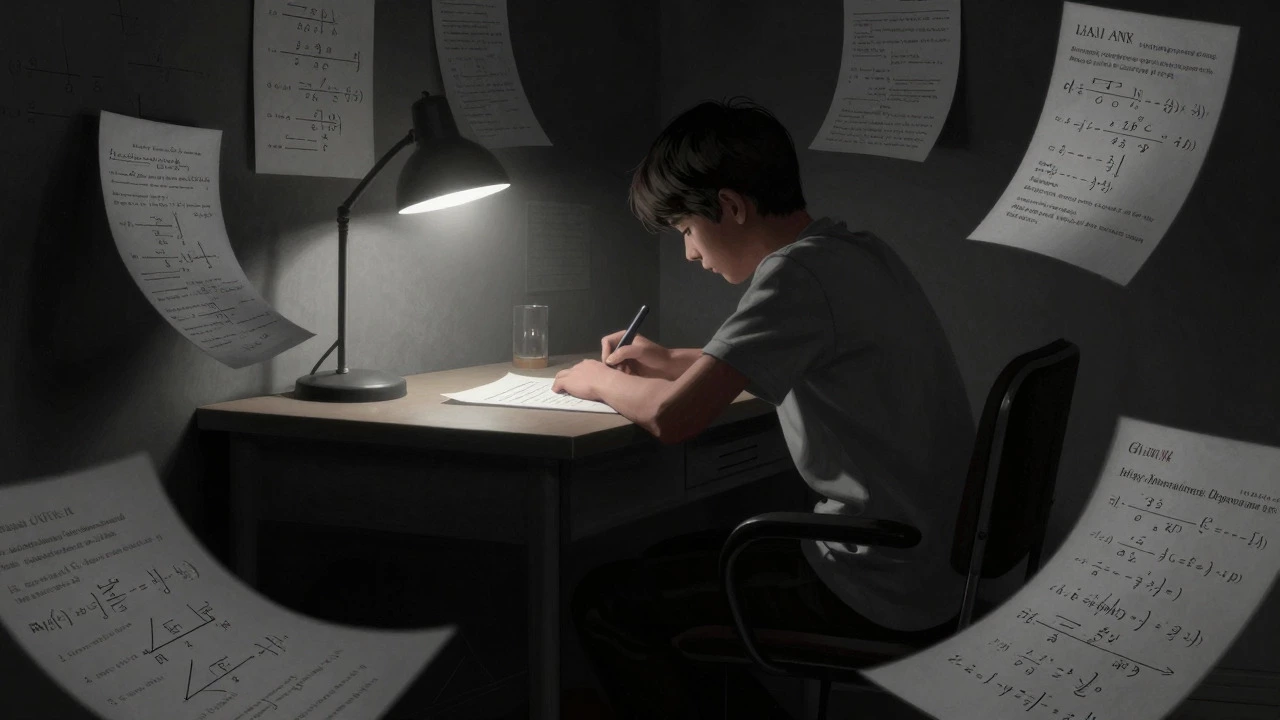 Student intensely studying complex equations under a single lamp