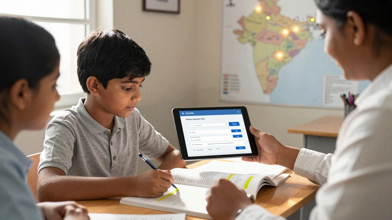 Student studying textbooks while parent checks school info on tablet