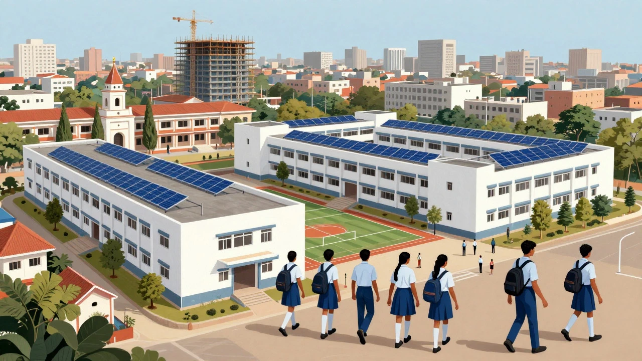 Students walking towards new modern schools in a developing Indian city
