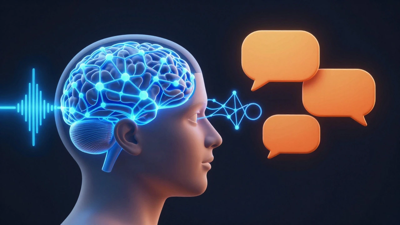 3D illustration of sound waves connecting to neural pathways in the brain