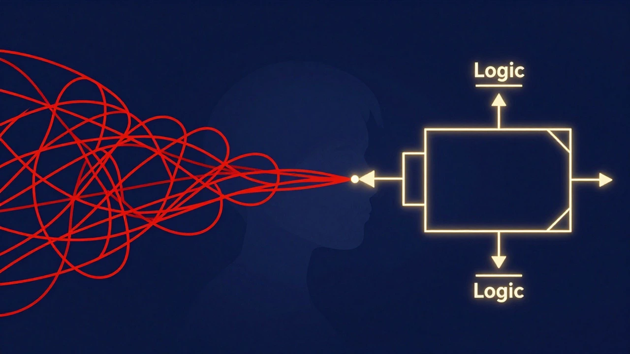 Abstract art showing tangled red strings turning into golden logical lines