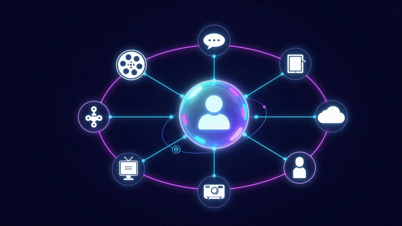 Abstract illustration of a digital platform connecting users, creators, and tech