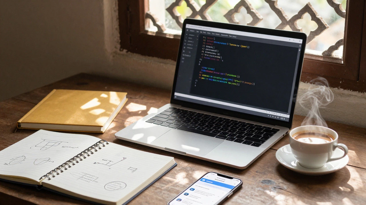 Cozy desk with laptop, notes, and chai representing consistent coding practice