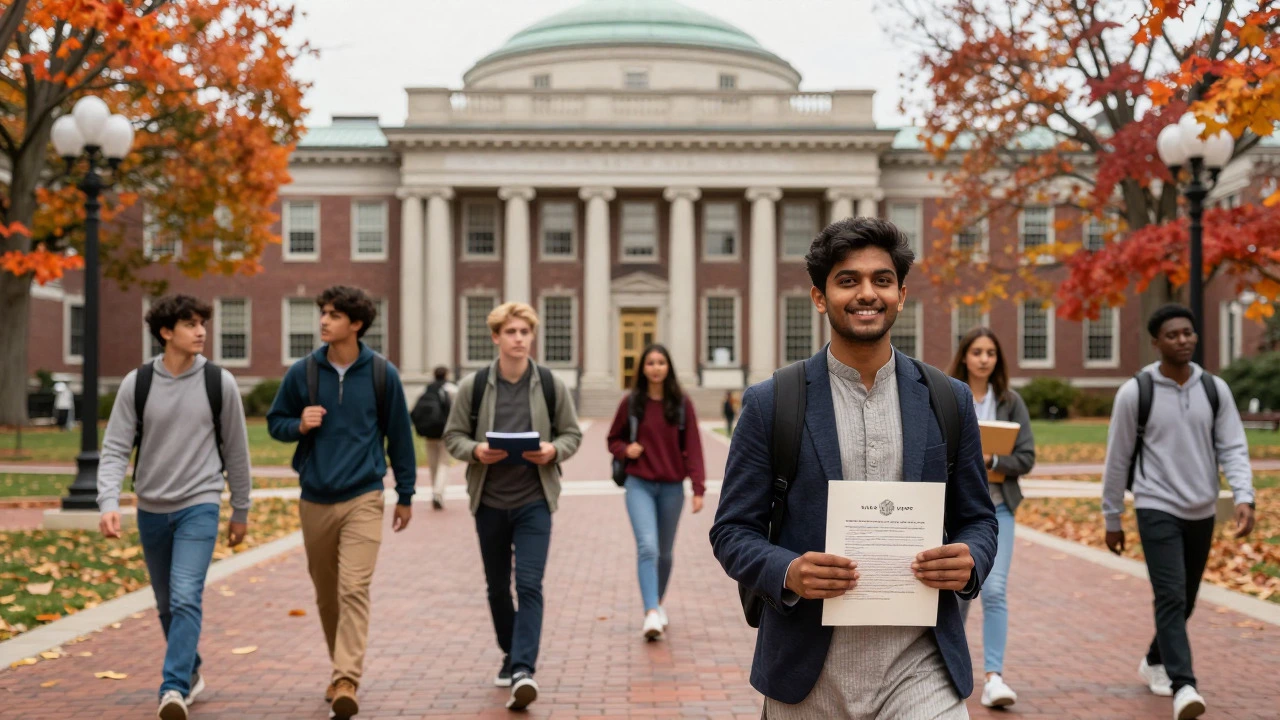 Diverse students on Harvard campus with Indian student in foreground